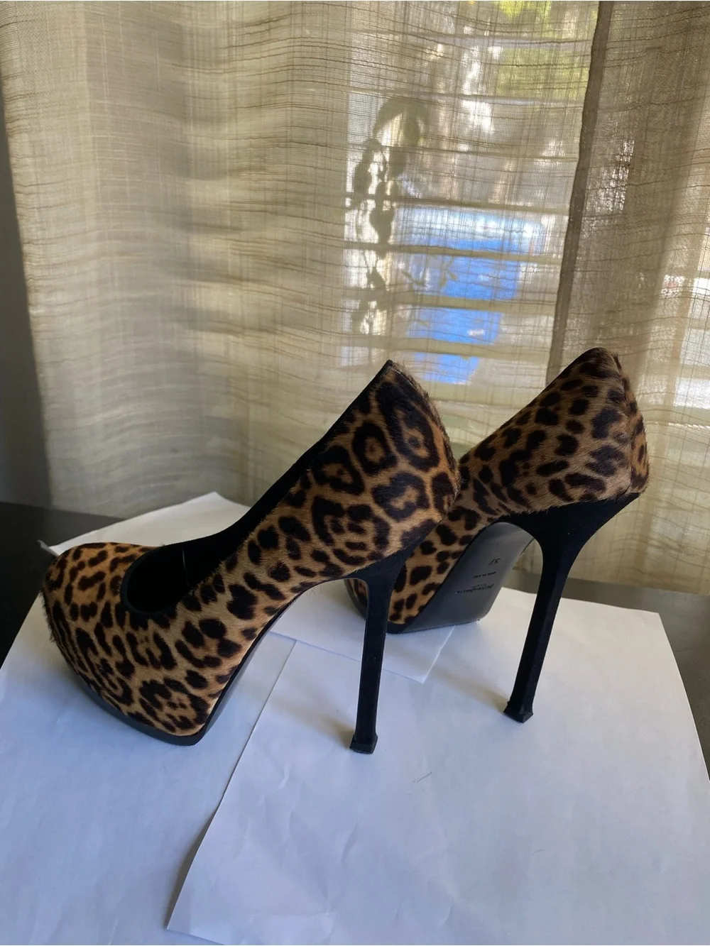 Yves Saint Laurent Leopard Platform Pumps Black leather slides 37 YSL sandals